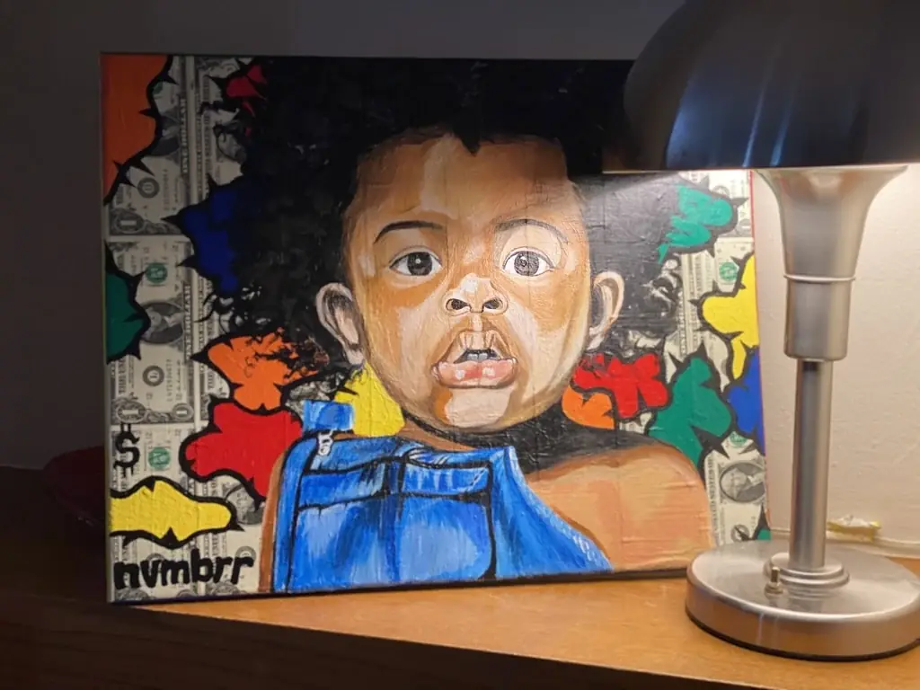 Child portrait in overalls on a currency and colour-block ground
