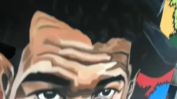 Detail of a portrait against a colour-block ground