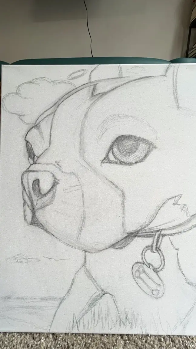 Graphite drawing of a dog on raw canvas