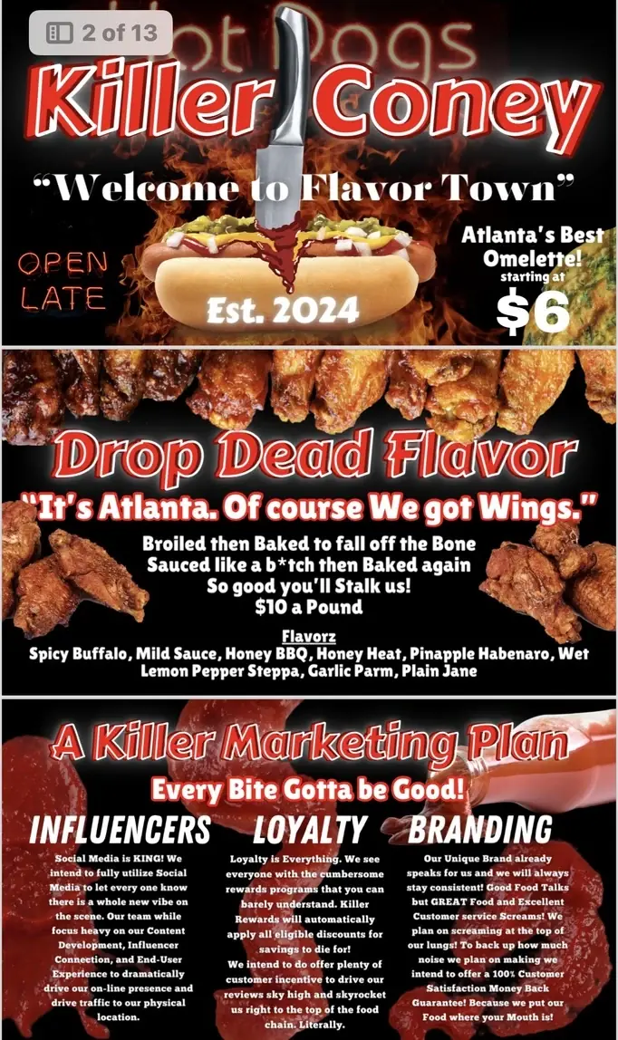 Killer Coney wings and marketing plan pages