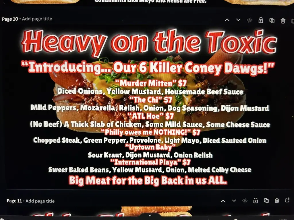 Killer Coney hot dog menu page