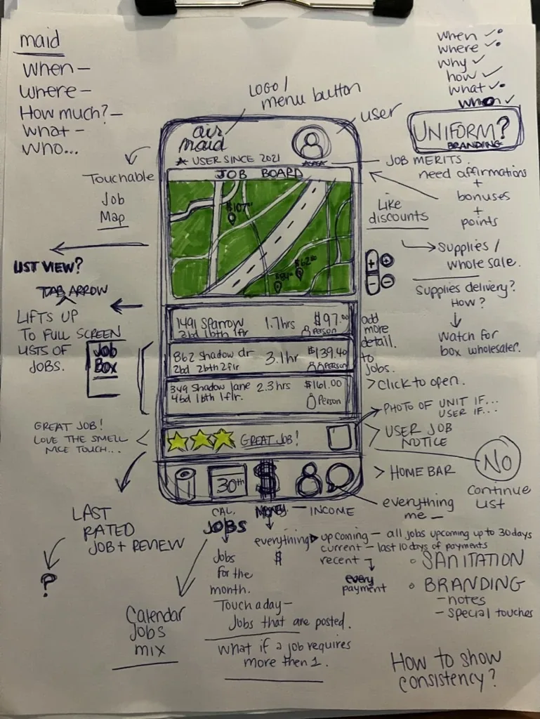 AirMaid job board wireframe with live map and job cards