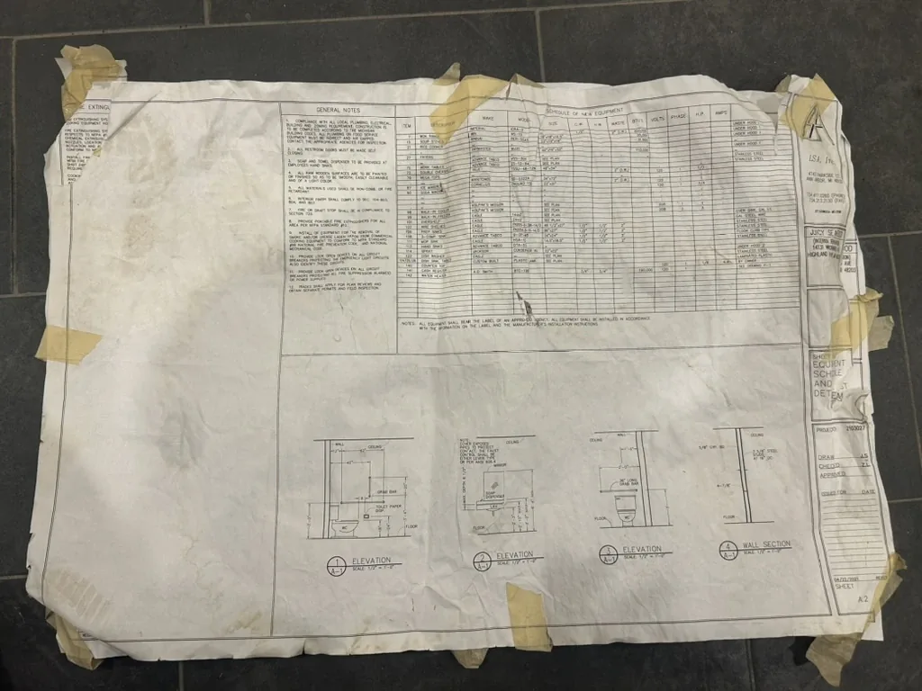 Equipment schedule and fixture elevations